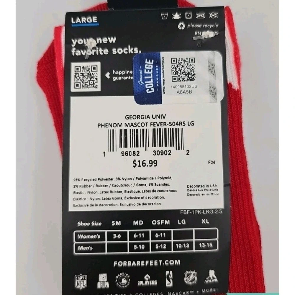 Mens Georgia Bulldogs Socks Red Size Large Made‎ By For Bare Feet New With Tags